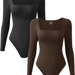 OQQ Women's 2 Piece Bodysuits Sexy Ribbed One Piece Square Neck Long Sleeve Tops