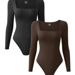 OQQ Women's 2 Piece Bodysuits Sexy Ribbed One Piece Square Neck Long Sleeve Tops Black Darkbrown