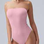 OQQ Womens Tube Bodysuits Strapless Basic Sleeveless Ruched Stretch Classic-Fit Tops Sexy Bodysuits Pink bean paste