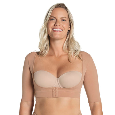 Leonisa Seamless Upper Arm Shaper Slimming Compression Vest with Posture Corrector, Beige, Medium