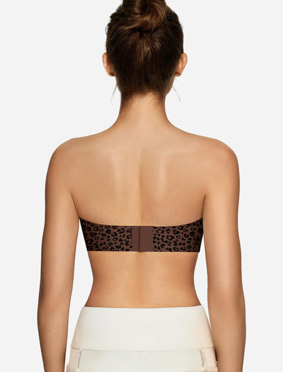OEAK Womens Strapless Bras Jelly Push Up Bandeau Bra Non Slip Wireless Supportive Padded Bras Seamless Comfortable Tube Bra Leopard Coffee M