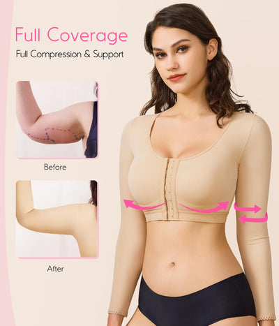 BRABIC Shaper Tops for Women Arm Compression Post Surgery Front Closure Bra Tank Top Shapewear (Beige Long Sleeve, Medium)