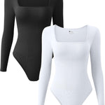 OQQ Women's 2 Piece Bodysuits Sexy Ribbed One Piece Square Neck Long Sleeve Tops