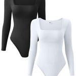 OQQ Women's 2 Piece Bodysuits Sexy Ribbed One Piece Square Neck Long Sleeve Tops Black White