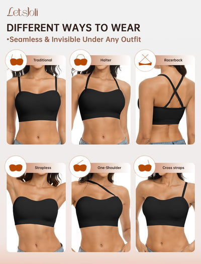 LetsJoli Strapless Push Up Bras for Women Support Bandeau Bra Wireless Seamless Comfortable Non Slip Tshirt Bras Black