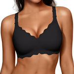 OEAK Women Jelly Bras No Underwire Scalloped Push Up Buttery Soft Tshirt Bra Seamless Full Coverage Convertible Everyday Bra Black,L