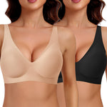 Werena Jelly Wireless Bras for Women Deep V Push Up Everyday Bra No Underwire Supportive Plunge Seamless Tshirt Comfy Bralette (Black+Nude,S)