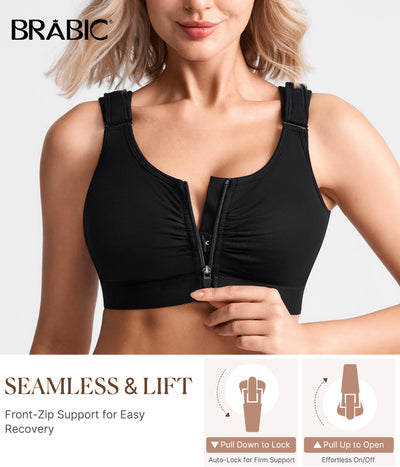 BRABIC Zip Front Closure Everyday Bra for Women Post Surgery Compression Support with Adjustable Straps Wirefree (Medium, Black)