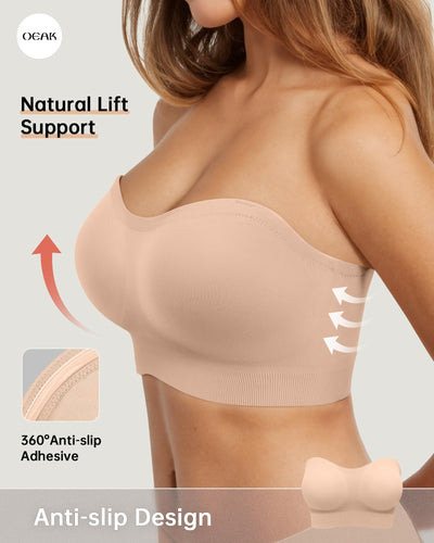 OEAK Womens Strapless Bras Wireless Bandeau Bra Non Slip Push Up Tube Top Seamless Bras Comfortable Padded Bralette S Nude