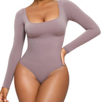 CYDREAM Long Sleeve Bodysuits for Women - Square Neck Shapewear Bodysuit Tops Going Out Body Suits Shirt Leotard (Purple Brown, Medium)
