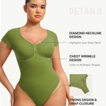 FeelinGirl Seamless Shapewear Bodysuit V Neck Short Sleeve Thong Body Suit for Going Out Green Bodysuit Women Tummy Control Olive Green S