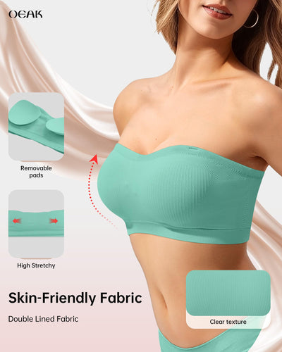 OEAK Supportive Strapless Bras for Women Push Up Wireless Bandeau Bra Non Slip Seamless Bras Comfortable Padded Bralette Mint Green S