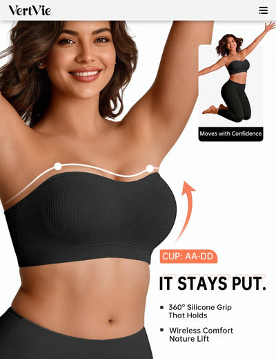 Vertvie Strapless Bra Wireless Non-Slip Push Up Bandeau Bras for Women Full Support Tube Tops Padded Bralette S-Large Breasts(Black,Medium)
