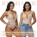 JOYSHAPER Thong Bodysuit for Women Tummy Control Low Back Shapewear Corset Body Suit Tops Deep Plunge Body Shaper with Underwire Nude M