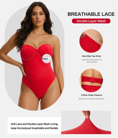 Nebility Shapewear Bodysuit for Women - Lace Thong Bodysuit with Underwire Strapless Body Shaper for Night Out