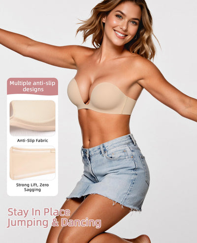 Upushall Strapless Push Up Bras for Women Padded Deep Plunge U Shape Halter Non Slip Seamless Bra 34B,Nude