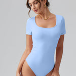 OQQ Women Bodysuits Ruched Short Sleeve Square Neck Stretch Lounge Travel Bodysuits Candyblue