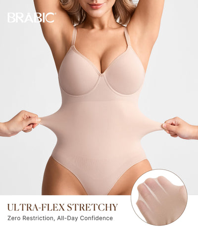 BRABIC Shapewear Bodysuits for Women Tummy Control Shapewear Seamless Backless V-Neck Tops with Built-in Bra(Beige, Large)