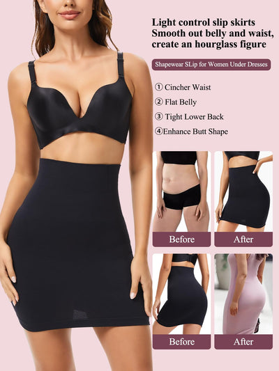 JOYSHAPER Half Slips Shapewear Skirt Under Dresses Tummy Control High Waist Slip Skirt With Built In Shapewear
