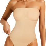 Irisnaya Strapless Shapewear Bodysuit for Women Tummy Control Thong Back | Detachable straps and clear neckline grips offer versatile styling. Breathable stretch fabric is comfortable for layering.