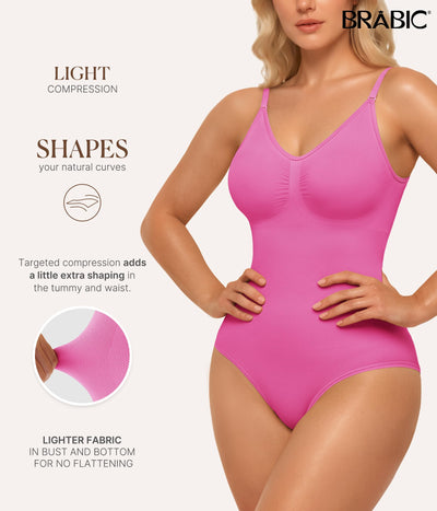 BRABIC Bodysuit Shapewear for Women Tummy Control Panties Seamless Sleeveless Tops V-Neck Camisole Jumpsuit (Hot Pink Brief, Medium/Large)