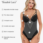 Popilush Shapewear Bodysuit Lace Corset Tummy Control Body Suits V Neck Thong Bodysuits Underwired Side Zipper Party Club Going Out Outfits Black