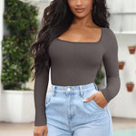 OQQ Women's 2 Piece Bodysuits Sexy Ribbed One Piece Square Neck Long Sleeve Tops Black Tea leaf