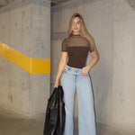 OQQ Women Short Sleeve Bodysuit Tummy Control Shapewear Mesh One Piece Leotard Shirts Going Out Tops Darkbrown