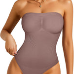 Irisnaya Strapless Shapewear Bodysuit for Women Tummy Control Thong Back | Detachable straps and clear neckline grips offer versatile styling. Breathable stretch fabric is comfortable for layering.