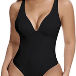 SHAPERIN Women's Deep V Neck Shapewear Bodysuit Double Lined Plunge Low Back Tummy Control Thong Backless Body Shaper