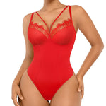 SHAPELLX Lace Bodysuit Tummy Control Thong for Women Sculpting Snatched Waist Shapewear V Neck Body Shaper(Red, X-Large)