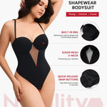 Nebility Shapewear Bodysuits for Women Thong Tummy Control Body Suits Sheer Mesh V-Neck BodySuit with Built-in Bra Black