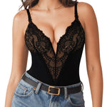 Popilush Bodysuit Shapewear Lace Body Suits Women Tummy Control V Neck Sleeveless Tops Low Back Bodysuits