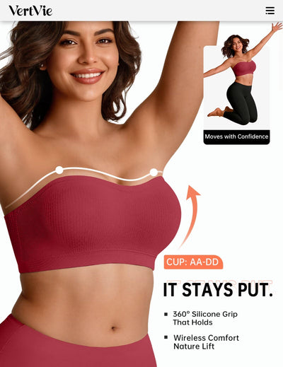 Vertvie Strapless Bra Wireless Non-Slip Push Up Bandeau Bras for Women Full Support Tube Tops Padded Bralette S-Large Breasts(Red,Medium)