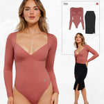 Popilush Long Sleeve Bodysuit for Women Shapewear Bodysuit Tummy Control V Neck Shirt Going Out Tops