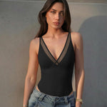 OQQ Women's Sexy V Neck Mesh Thong Bodysuit Tummy Control Bodysuits Top Black