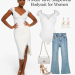 Popilush Lace Bodysuit White Lace Top Body Suits for Womens Tummy Control V Neck Holiday Party Date Night Outfit Thong Body Shaper