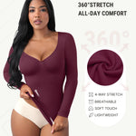 FeelinGirl Long Sleeve Compression Shirts for Women Shapewear Tummy Control Slimming Body Shaper V Neck Top Burgundy X-Large