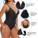 SHAPERIN Women's Deep V Neck Faux Leather Bodysuit Tummy Control Shapewear Thong Body Shaper Plunge Cami Corset Top (Medium,Black)
