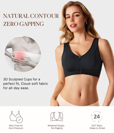 BRABIC Zipper Front Closure Bras for Women Mastectomy Wireless Compression Everyday Post Surgery Bra Black, Medium