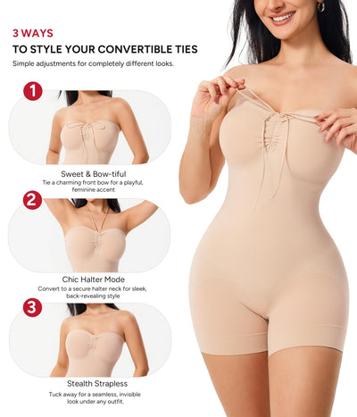 Nebility Strapless Shapewear for Women Tummy Control Shapewear Bodysuits Full Body Shaper with Adjustable Bow & Halter Neck(Beige,Small)
