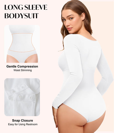 CYDREAM Long Sleeve Bodysuits for Women - Square Neck Shapewear Bodysuit Tops Going Out Body Suits Shirt Leotard (White, Small)
