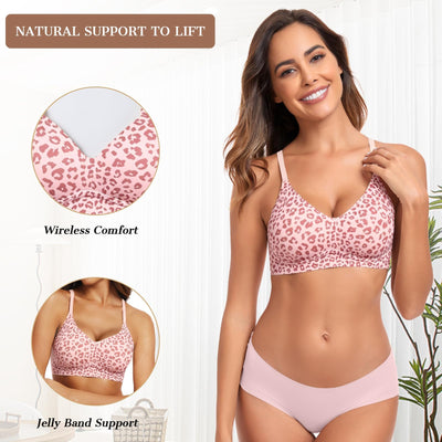 OEAK Womens Wireless Jelly Bras Comfortable Push Up Bra No Underwire Gel Bra Full Support Lift Everyday Seamless Tshirt Bras Pink Leopard 3XL
