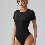 OQQ Women's Crew Neck Short Sleeve Bodysuit Ruched Stretch Vacation Basic for Tops Spring & Summer Black