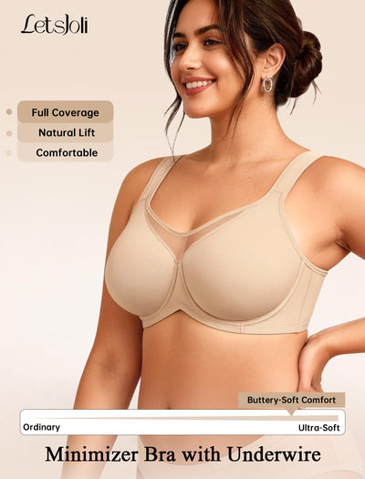 LetsJoli Minimizer Bras for Women Full Coverage Underwire Unlined T Shirt Bra Plus Size Older for Large Bust Light Beige