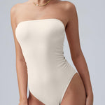 OQQ Womens Tube Bodysuits Strapless Basic Sleeveless Ruched Stretch Classic-Fit Tops Sexy Bodysuits