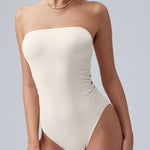 OQQ Womens Tube Bodysuits Strapless Basic Sleeveless Ruched Stretch Classic-Fit Tops Sexy Bodysuits Beige