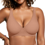 OEAK Womens Deep V Bras Wireless Comfortable Bra Supportive No Underwire Bras Tshirt Push Up Bralettes Plunge Seamless Bra Latte M Plus