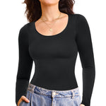 Nebility Tummy Control Shaperwear for Women Long Sleeve T Shirts Compression Tank Tops Scoop Neck Seamless Body Shaper(Black,Large)