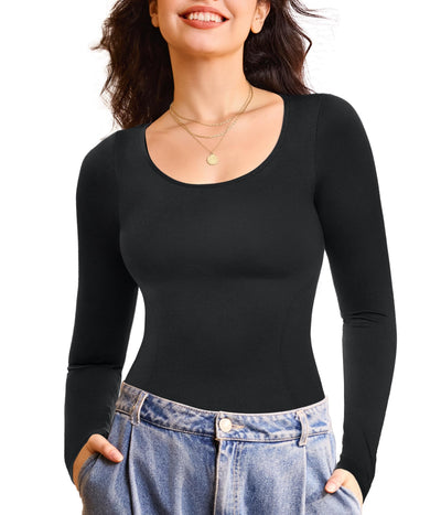Nebility Tummy Control Shaperwear for Women Long Sleeve T Shirts Compression Tank Tops Scoop Neck Seamless Body Shaper(Black,Large)